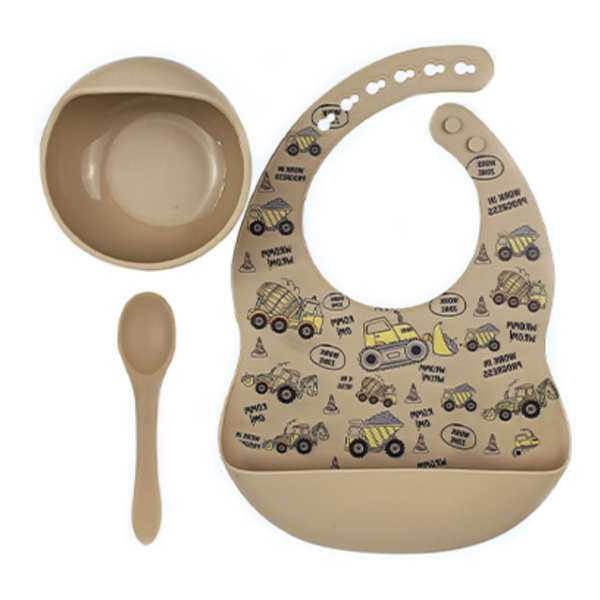 Комплект Нагрудник Миска Ложка Машинки (Телесный) Силиконовая детская посуда оптом и в розницу