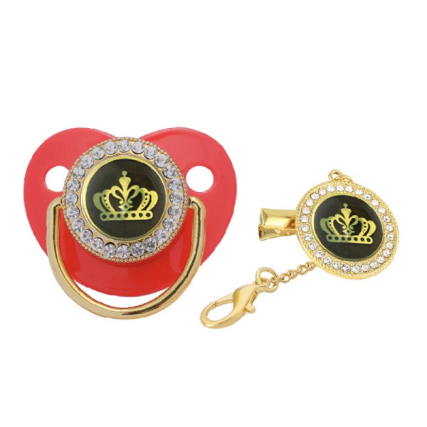 Пустышка Красная с держателем - цепочкой корона (Размер S 0-6 мес)