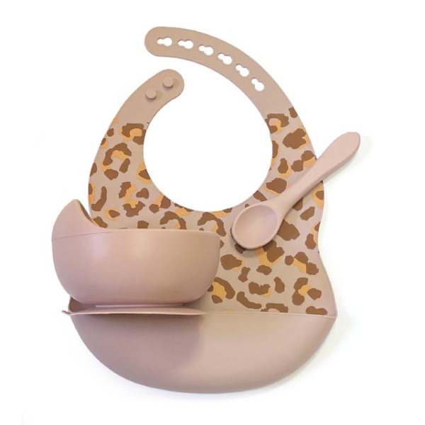 Комплект Нагрудник Миска Ложка Леопард (Dusty Lilac) Комплект Нагрудник Миска Ложка Леопард (Dusty Lilac)