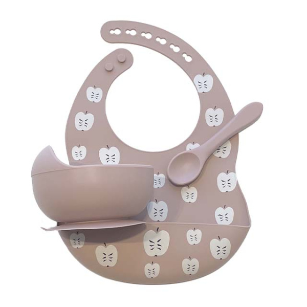 Комплект Нагрудник Миска Ложка Яблочки (Dusty Lilac) Комплект Нагрудник Миска Ложка Яблочки (Dusty Lilac)