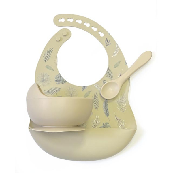 Комплект Нагрудник Миска Ложка Листочки (Телесный) Комплект Нагрудник Миска Ложка Листочки (Телесный)