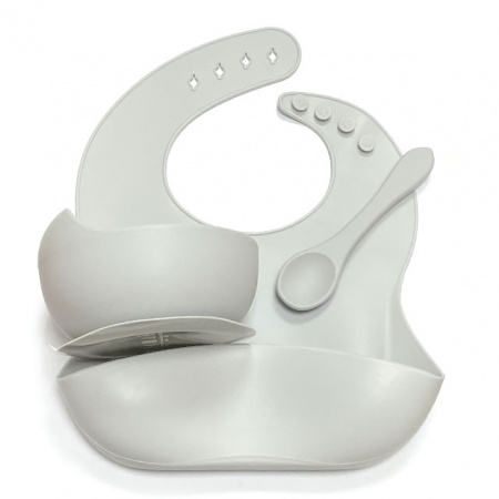 Комплект Светло Серый (Завод 5 тарелка +ложка силиконовая+нагрудник)