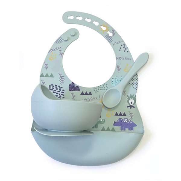 Комплект Нагрудник Миска Ложка Динозаврики (Dusty Blue) Комплект Нагрудник Миска Ложка Динозаврики (Dusty Blue)