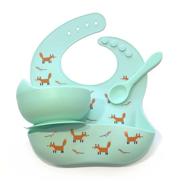 Комплект Нагрудник Миска Ложка Лисички (мята) Комплект Нагрудник Миска Ложка Лисички (мята)