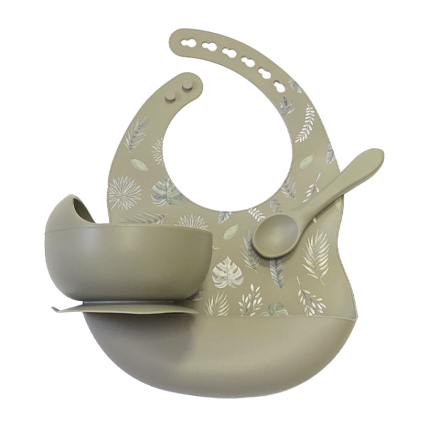 Комплект Нагрудник Миска Ложка Листочки (Хаки) Комплект Нагрудник Миска Ложка Листочки (Хаки)