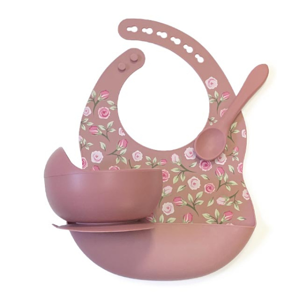 Комплект Нагрудник Миска Ложка Розочки (Blush) Комплект Нагрудник Миска Ложка Розочки (Blush)