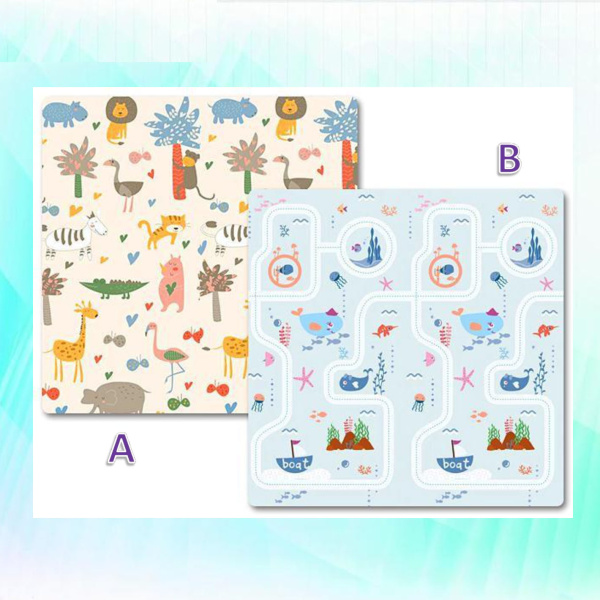 Коврик детский игровой 200 х 180, для ползанья, складной двухсторонний, развивающий (Саванна/Водный мир)