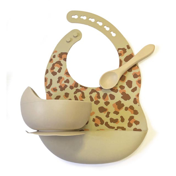 Комплект Нагрудник Миска Ложка Леопард (Телесный) Комплект Нагрудник Миска Ложка Леопард (Телесный)