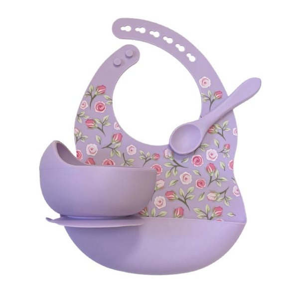 Комплект Нагрудник Миска Ложка Розочки (Сирень) Комплект Нагрудник Миска Ложка Розочки (Сирень)