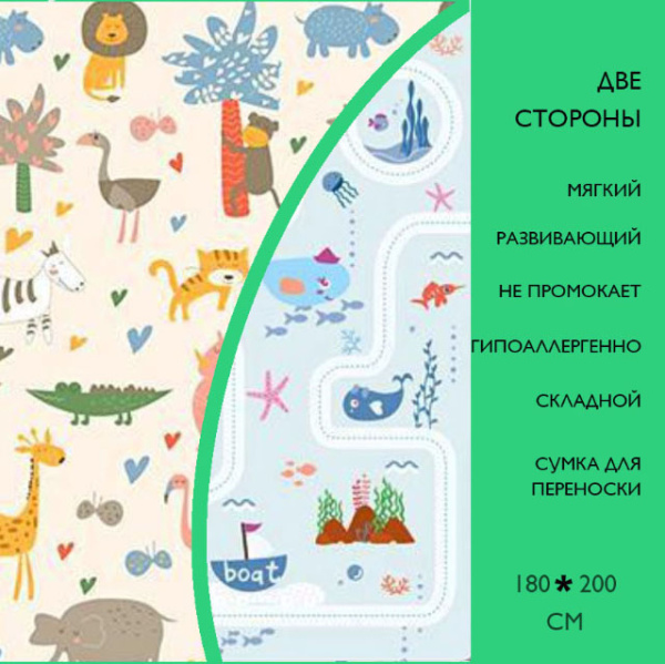Коврик детский игровой 200 х 180, для ползанья, складной двухсторонний, развивающий (Саванна/Водный мир)
