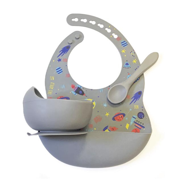 Комплект Нагрудник Миска Ложка Космос (Серый) Комплект Нагрудник Миска Ложка Космос (Серый)